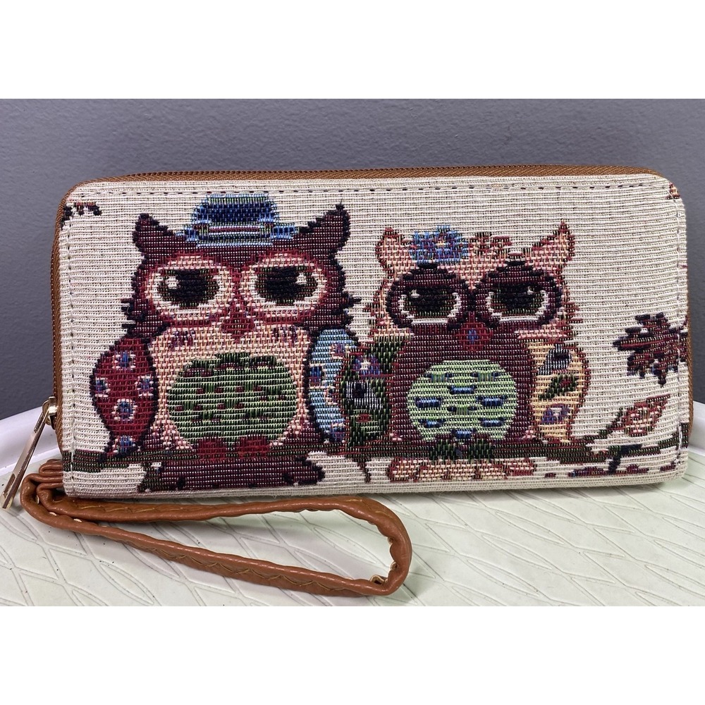 Owl Themed Tapestry Type Fabric Wallet Wristlet 4"x7.5" NWOT‎